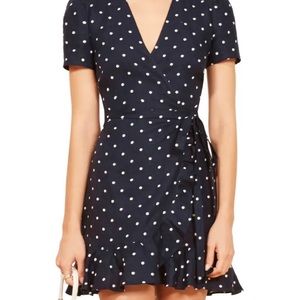 Reformation Sally Short Polka Dot Linen Wrap Dress